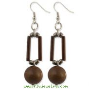 Silver-tone Brown Bamboo Tube & Natural Wood Dangle 2.5" Earrings