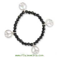 Silver-tone Peace Charms on Black Crystal Beaded Stretch Bracelet