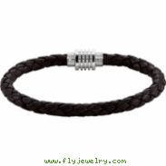 Stainless Steel 09.00 Inch Black Black Leather Bracelet