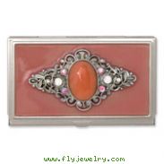 Steel Peach Enameled & Strawberry Quartz Business Card Holder