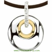 Sterling Silver & 14k Yellow Gold Diamond Pendant On 18"" Brown Leather Cord