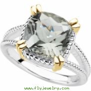 Sterling Silver & 14k Yellow Gold Genuine Checkerboard Green Quartz Ring