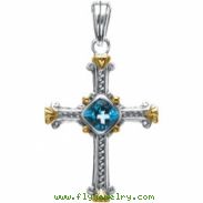 Sterling Silver & 14k Yellow Gold Genuine Swiss Blue Topaz Cross Pendant
