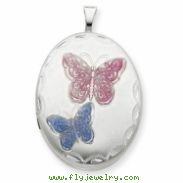 Sterling Silver 20mm Enameled Butterfly Oval Locket chain