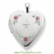 Sterling Silver 20mm Enameled with Cross Design Heart Locket chain