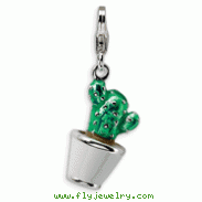 Sterling Silver 3-D Enameled Potted Green Cactus With Lobster Clasp Charm