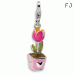 Sterling Silver 3-D Pink Enameled Potted Tulip With Lobster Clasp Charm