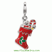 Sterling Silver 3-D Red Enameled Holiday Stocking With Lobster Clasp Charm