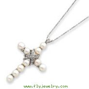 Sterling Silver CZ And Freshwater Pearl Cross Necklace