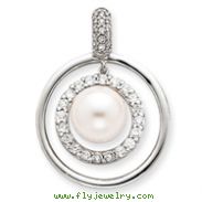 Sterling Silver CZ Circle Simulated Pearl Pendant