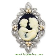 Sterling Silver CZ Simulated Pearl Cameo Slide