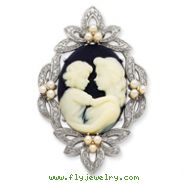 Sterling Silver CZ Simulated Pearl Cameo Slide