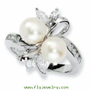 Sterling Silver CZ White Cultured Pearl Leaves Ring