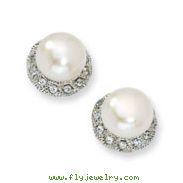 Sterling Silver CZ White Cultured Pearl Stud Earrings