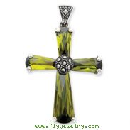 Sterling Silver Green Cubic Zirconia & Marcasite Cross Pendant