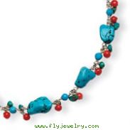 Sterling Silver Howlite, Turquoise, Red Coral Necklace