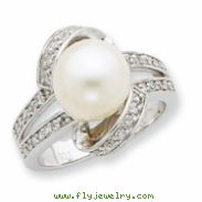 Sterling Silver Imitation Pearl and CZ Ring