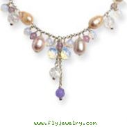 Sterling Silver Opalite Crackle Quartz Amethyst Cultured  Pearl Necklace