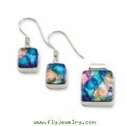 Sterling Silver Pink & Blue Dichroic Glass Square Earrings & Pendant Set