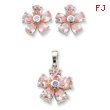 Sterling Silver Pink & Clear CZ Flower Pendant & Earring Set