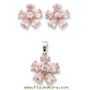 Sterling Silver Pink & Clear CZ Flower Pendant & Earring Set