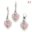 Sterling Silver Pink CZ Heart Earrings and Pendant Set