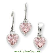 Sterling Silver Pink CZ Heart Earrings and Pendant Set