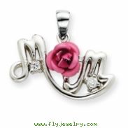 Sterling Silver Pink Flower & CZ Mom Pendant