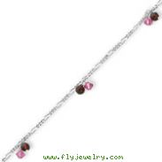 Sterling Silver Polished Rhodolite Garnet & Pink Crystal Beaded Anklet