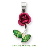 Sterling Silver Red Enamel With Green CZ Rose Charm