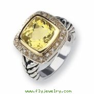 Sterling Silver w/14k Diamond & Lemon Quartz Ring