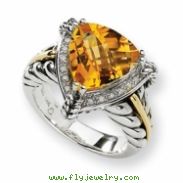 Sterling Silver w/14ky 12mm Trillion Citrine & Diamond Ring