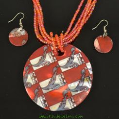 White and Red Mother of Pearl Necklace and Earrings Set